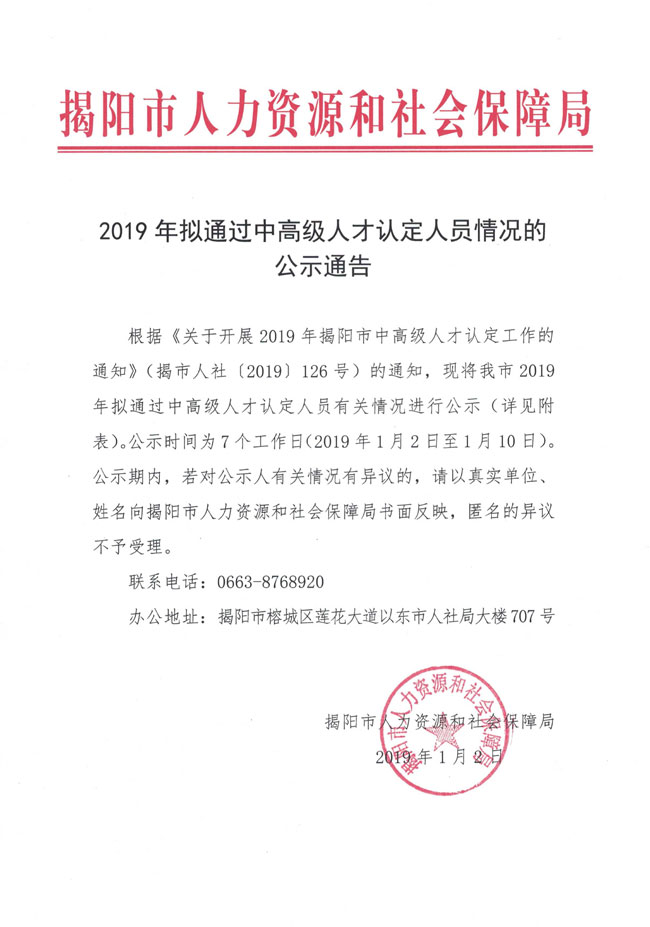 2019年拟通过中高级人才认定人员情况的公示通告 